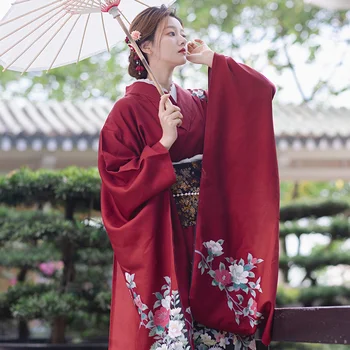 Naiste traditsiooniline Jaapani kimono, punane õie printida, pika varrukaga, kanna Yukata retro tulemuslikkuse kleit, role-playing kostüüm